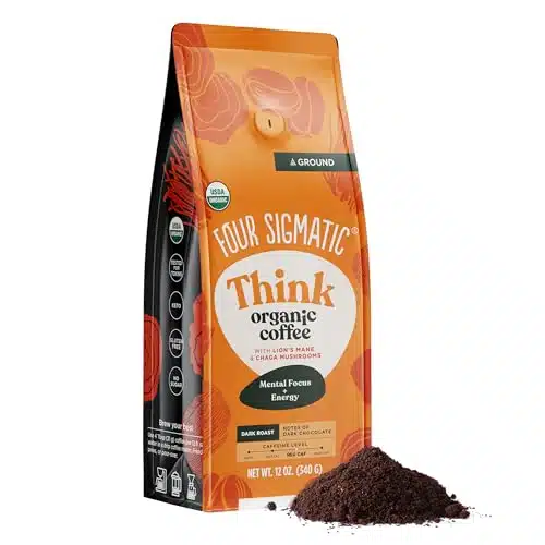 Organic Mushroom Ground Coffee By Four Sigmatic  Dark Roast, Fair Trade Gourmet Coffee With Lion'S Mane, Chaga &Amp; Mushroom Powder  Immune Boosting Coffee For Focus &Amp; Immune Support  Oz Bag