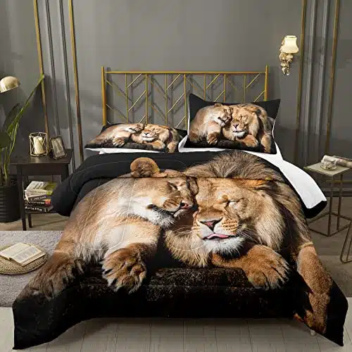 Bodhi Lover Couple Lion Comforter Set Queen Soft Microfiber Lion Bedding Set Queen Size Animal Comforter Set With Pillowcases,Comforter+Pillow Shams #