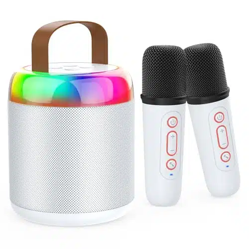 Iyoyo Mini Karaoke Machine For Kids With Ireless Microphones Portable Bluetooth Speaker Led Lights Karaoke Gifts For Girls Boys Audlt Birthday Christmas Halloween Eve Home Party (White)