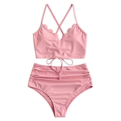 Zaful Women'S Scalloped Crisscross Ruched High Waisted Bikini Set Two Piece Swimsuit Tankini Small