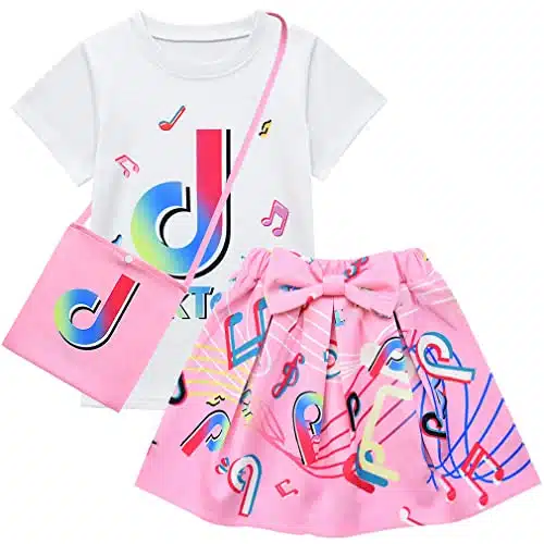 D.o.t Pcs Tic Toc Girl Skirt Sets T Shirt Top + Bowknot Skirt With Bag Outfits (Pink, T)