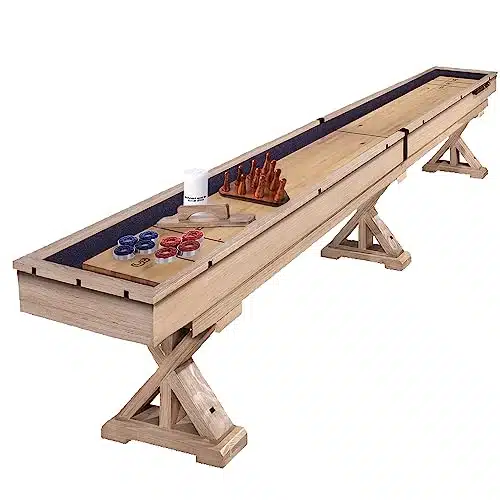 Freetime Fun Ft Shuffleboard Table Multi Game Solid Wood Game Tables For Game Room   Shuffleboard Bowling Pin Set, Pucks, Wax And Brush   Comes In ' Pieces Goes Around Stairs &Amp; Hallways