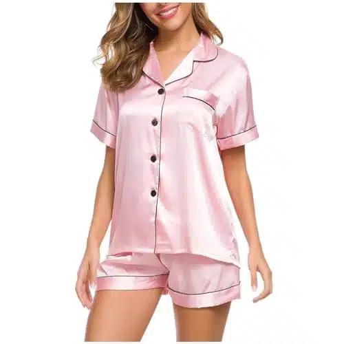 Lehoziheq Flash Deals Of The Day Prime Clearance Deals Of The Day Prime Today Womens Silk Satin Pajamas Set Short Sleeve Sleepwear Button Down Loungewear Piece Pjs Shorts Set With Pockets