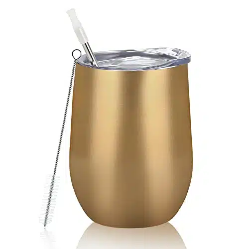 Lifecapido Stainless Steel Wine Tumbler Oz, Double Wall Vacuum Insulated Wine Tumbler, Stainless Steel Stemless Wine Tumblers With Lid And Straw For Wine Coffee Champaign Cocktails Juice,Gold