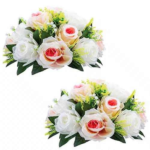 Pcs Of Fake Flower Ball Arrangement Bouquet,Heads Plastic Roses With Base, Suitable For Our Store'S Wedding Centerpiece Flower Rack For Parties Valentine'S Day Home Dã©Cor (Pink Champagne &Amp; White)