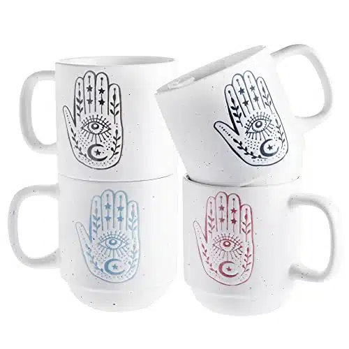 Sheffield Home Set Of Coffee Mugs  Four Coffee Cups With Printed Phrases, Tea Cups, Latte Mugs With Metal Rack For Storage, Oz (Hamsa)