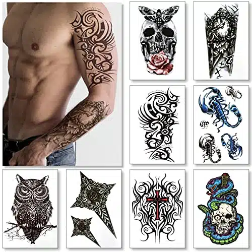 Temporary Tattoos For Men Guys Boys &Amp; Teens   Fake Half Arm Tattoos Sleeves For Arms Shoulders Chest Back Legs Cross Skull Owl Clock Scorpion Rose Realistic Waterproof Transfers Sheets X