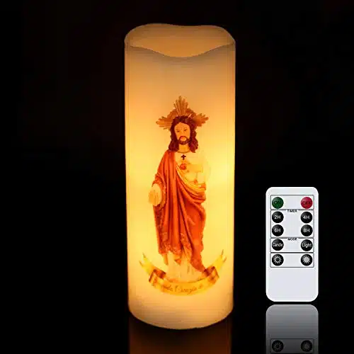 Wondise Sacred Heart Of Jesus Picture Devotional Prayer Candle With Remote And Timer, Battery Operated Real Wax Led White Candle For Decoration Religious, Prayer In Spanish(X X Inch)