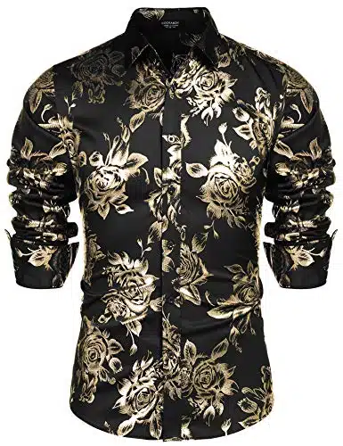 Coofandy Mens Shirt Rose Dress Button Down Casual Slim Fit, Gold, X Large, Long Sleeve