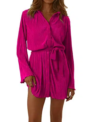 Lyaner Women'S Collar V Neck Button Down Pleated Long Sleeve Mini Shirt Dress With Belt Rose Small