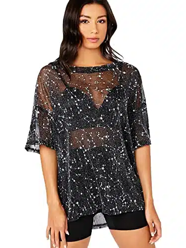 Makemechic Women'S Summer Short Sleeve Tops See Through Mesh Sheer Sexy T Shirt Blouse Black Galaxy L