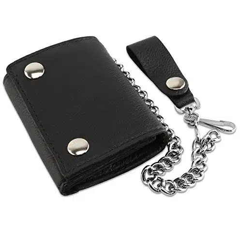 Rfid Blocking Men'S Tri Fold Vintage Biker Cowhide Top Grain Leather Steel Chain Wallet,Snap Closure, Made In Usa,Gl,Black