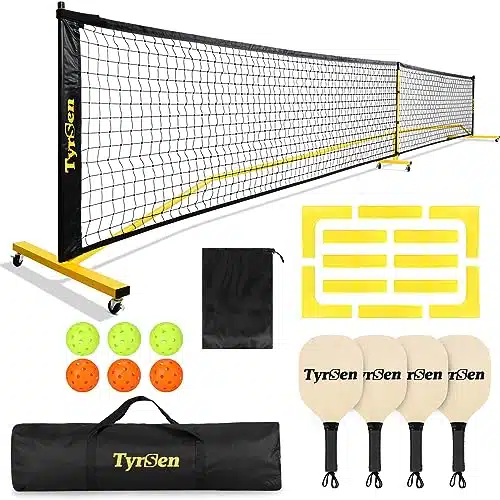 Tyrsen Pickleball Net Set Pickleball Net On Wheels For Driveway Backyard, Ft Regular Size, Pickleball Paddles &Amp; Balls, Court Markers, Carry Bag, Pickleball Set For Indoor Outdoor Play