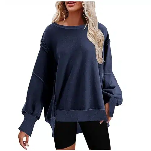 Friday Black Deals For Teen Girls Womens Oversized Casual Slit Yk Pullover Top Crewneck Long Sleeve Corded Sweatshirts Fall Outfits Inter Clothes Yellow Sweatshirt Navy L