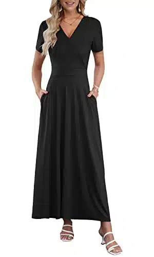 Auselily Summer Maxi Dresses Short Sleeve Sexy Beach Casual Long Flowy Dress With Pockets Black M