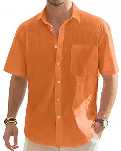 J.ver Men'S Casual Button Up Linen Shirt Solid Short Sleeve Work Shirt Loose Fit Vacation Tees With Pocket Orange X Large